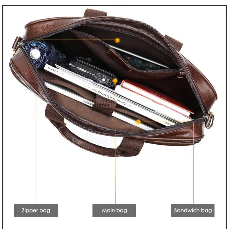 Borsa a tracolla in pelle marrone con scomparti multipli: tasca con zip, tasca principale e tasca sandwich, ideale per laptop e accessori.