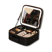 Astuccio trucco nero con specchio LED, organizer cosmetici portatile, scomparti per rossetti, pennelli, accessori bellezza, ideale per viaggi.