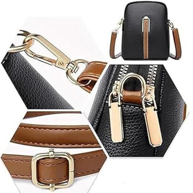 Zaino in pelle nera con dettagli marroni, cerniere dorate e fibbia regolabile. Design elegante e moderno, ideale per moda e praticità.