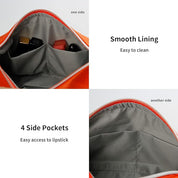 Borsa cosmetica arancione con fodera liscia, facile da pulire, e 4 tasche laterali per accesso rapido a rossetti e piccoli oggetti.