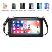 Custodia a tracolla nera per smartphone con schermo touch visibile, compatibile con iPhone e OPPO, design elegante e funzionale per accesso rapido.