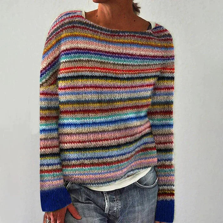 Maglione a righe multicolore da donna, lavorato a maglia, maniche lunghe, scollo a barca, casual, moda autunno inverno.