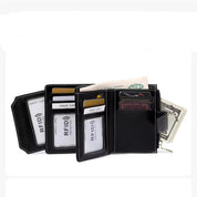 Portafoglio in pelle nera con protezione RFID, scomparti per carte di credito, banconote e monete. Design elegante e funzionale per sicurezza e stile.