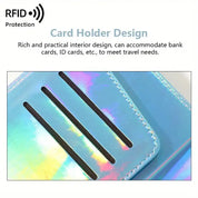 Porta carte RFID in pelle iridescente, design pratico per carte di credito e documenti d'identità, ideale per viaggi e protezione dati.