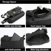 Zaino multifunzionale nero con tasca frontale con zip, tasca antifurto, vano principale e porta borraccia. Design pratico e spazioso.