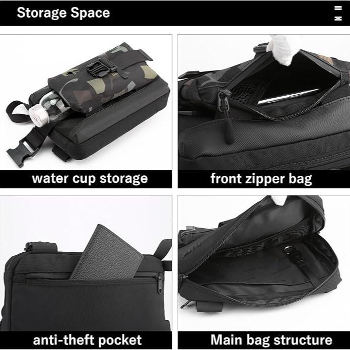 Zaino multifunzionale nero con tasca frontale con zip, tasca antifurto, vano principale e porta borraccia. Design pratico e spazioso.