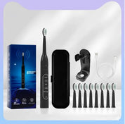 Spazzolino elettrico nero con testine di ricambio, custodia da viaggio, supporto e cavo USB. Confezione blu inclusa. Tecnologia avanzata.