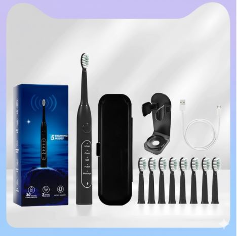 Spazzolino elettrico nero con testine di ricambio, custodia da viaggio, supporto e cavo USB. Confezione blu inclusa. Tecnologia avanzata.