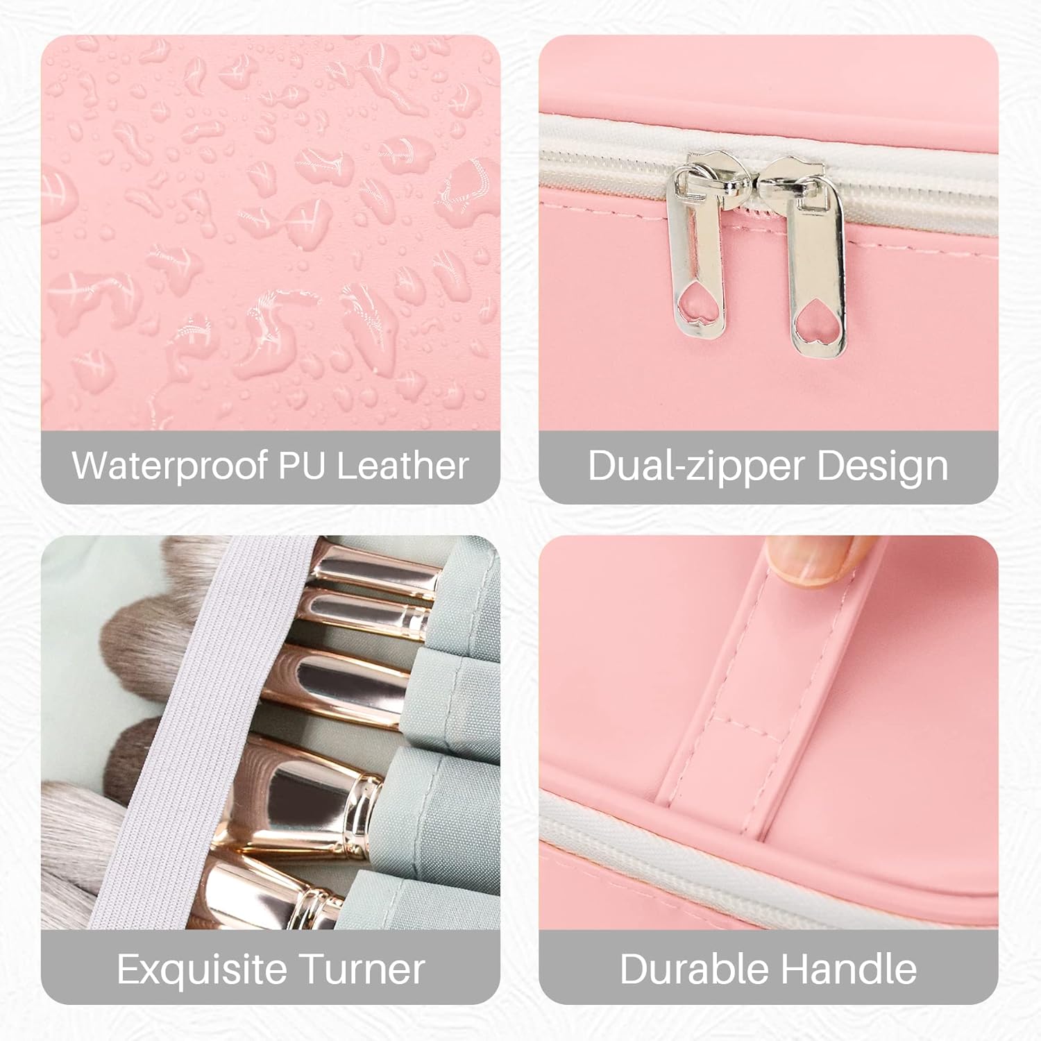 Custodia trucco rosa in pelle PU impermeabile, design a doppia cerniera, manico resistente, scomparti per pennelli, ideale per viaggi e organizzazione.