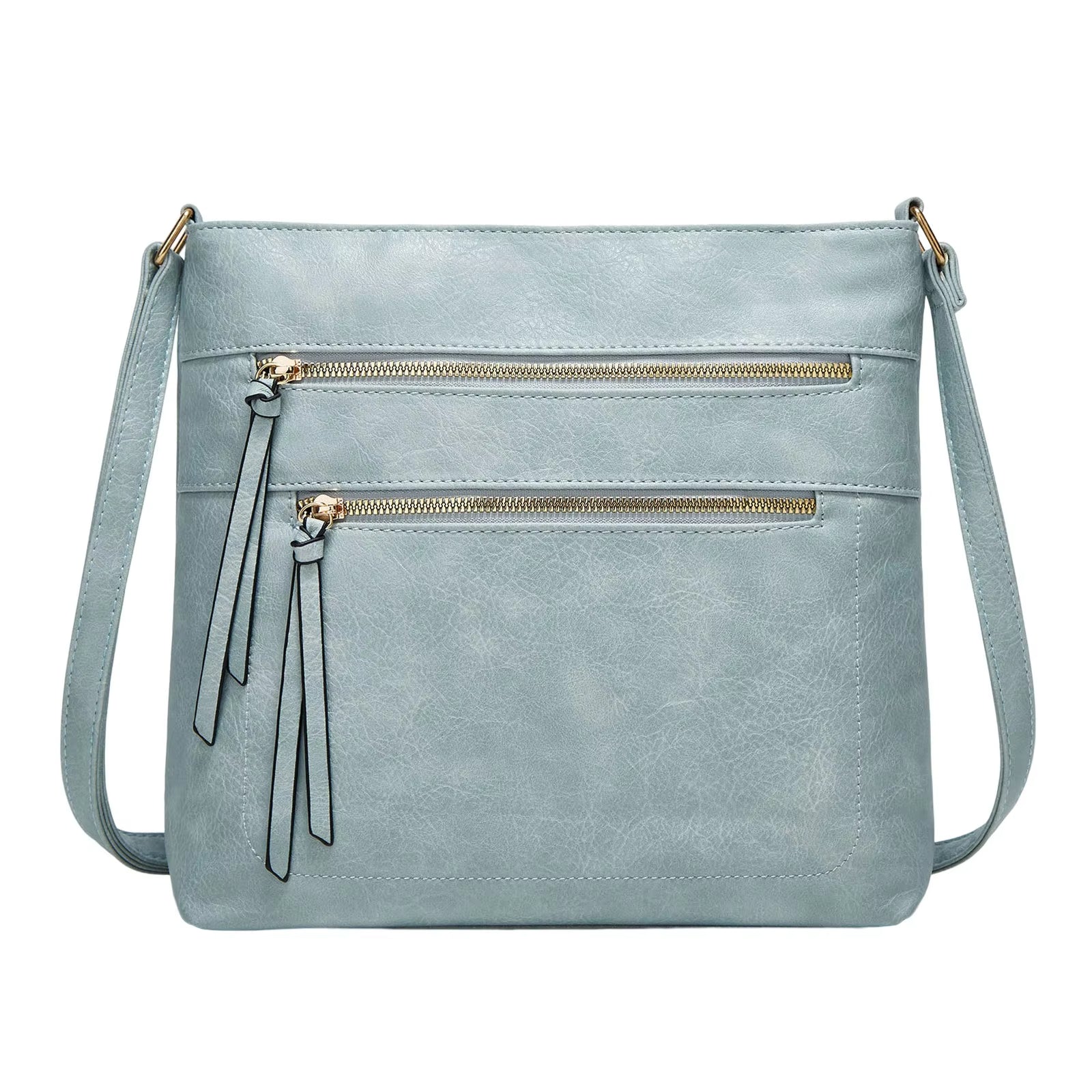 Borsa a tracolla in pelle sintetica azzurra con doppie cerniere, design elegante e moderno, perfetta per moda donna e accessori quotidiani.