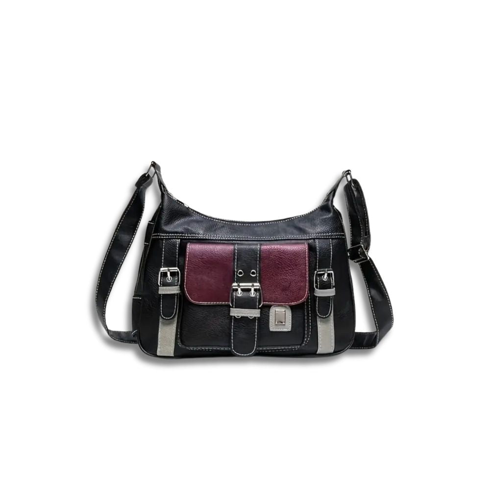 Borsa a tracolla in pelle nera con dettagli bordeaux e fibbie argentate, design elegante e moderno, ideale per moda donna e accessori di tendenza.