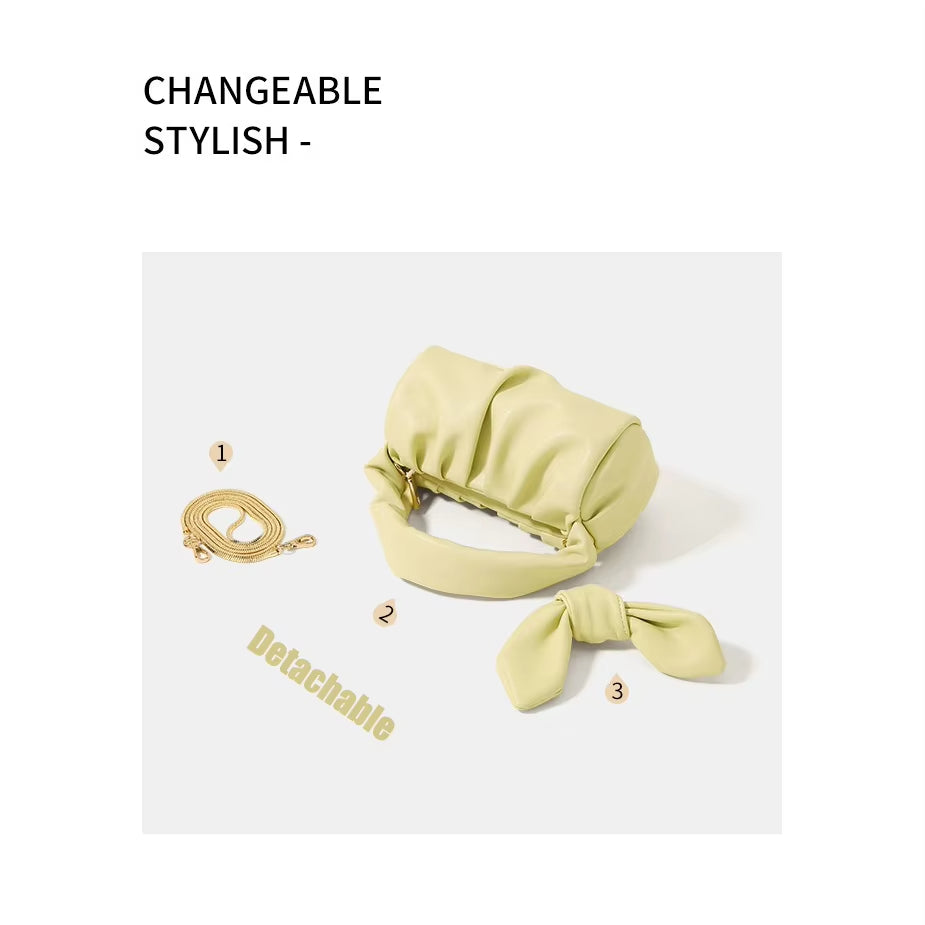 Borsa a tracolla verde chiaro con tracolla regolabile e fiocco staccabile, design elegante e versatile, accessorio moda donna.