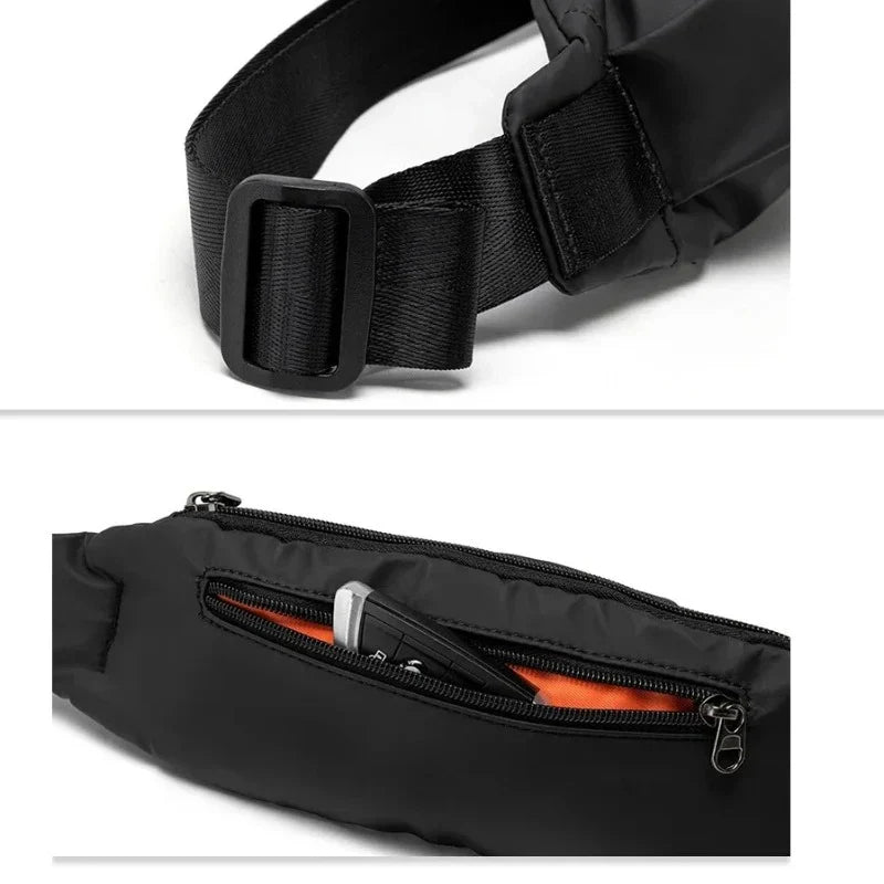 Marsupio nero impermeabile con cintura regolabile e tasca con cerniera, ideale per sport e viaggi. Design compatto, spazio per smartphone e accessori.