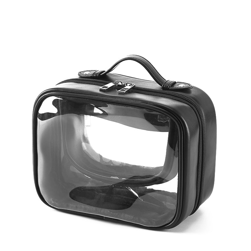 Borsa trasparente da viaggio in PVC nero, con manico e doppia cerniera. Ideale per cosmetici, accessori, conforme alle norme di sicurezza aeroportuali.