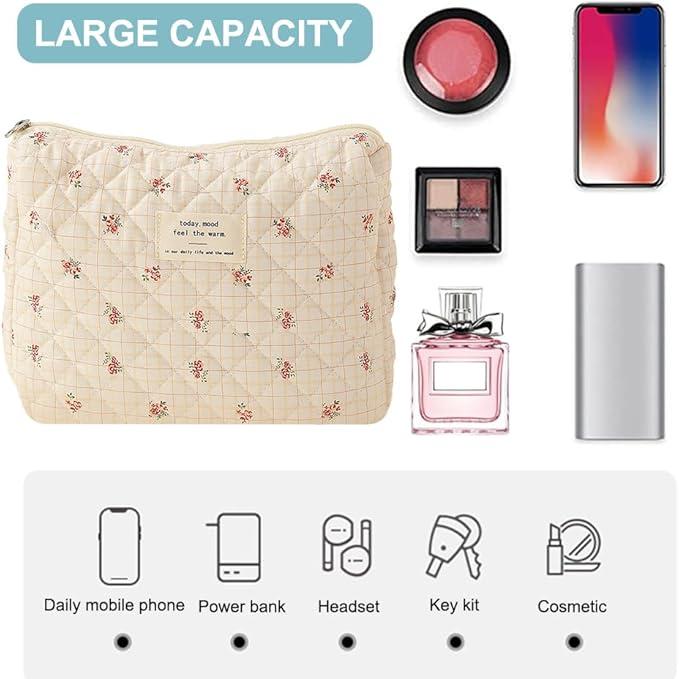 Borsa trucco grande capacità beige con motivo floreale, include rossetto, ombretto, profumo, power bank, smartphone, ideale per viaggio.