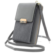 Borsa a tracolla grigia in pelle sintetica, design compatto con chiusura a scatto dorata, ideale per smartphone e accessori. Elegante e pratica.