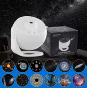 Proiettore galassia bianco con scatola, proiezioni di stelle e pianeti. Ideale per decorazioni notturne, effetti luminosi spaziali, atmosfera rilassante.