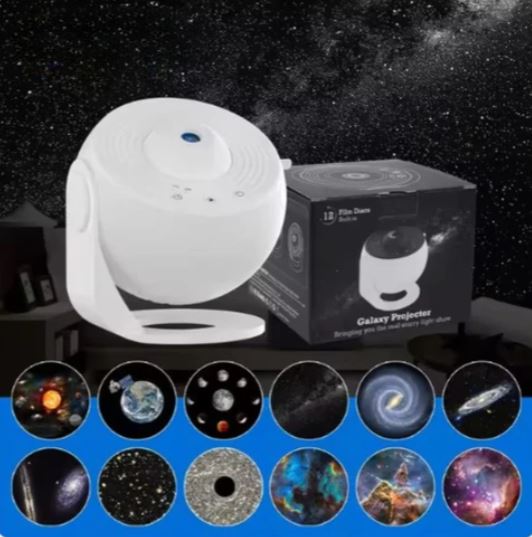 Proiettore galassia bianco con scatola, proiezioni di stelle e pianeti. Ideale per decorazioni notturne, effetti luminosi spaziali, atmosfera rilassante.