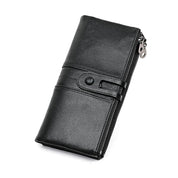 Portafoglio donna in pelle nera con chiusura a bottone e cerniera, design elegante e spazioso, accessorio moda essenziale.