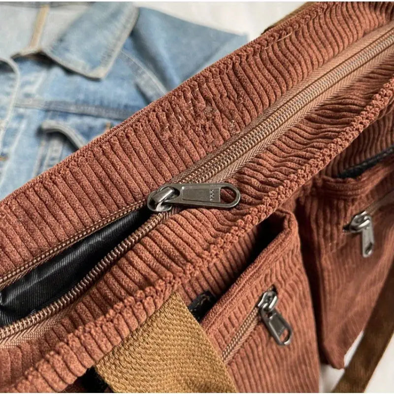 Borsa a tracolla in velluto a coste marrone con cerniere metalliche, tasche multiple e dettagli in denim. Accessorio moda casual e pratico.