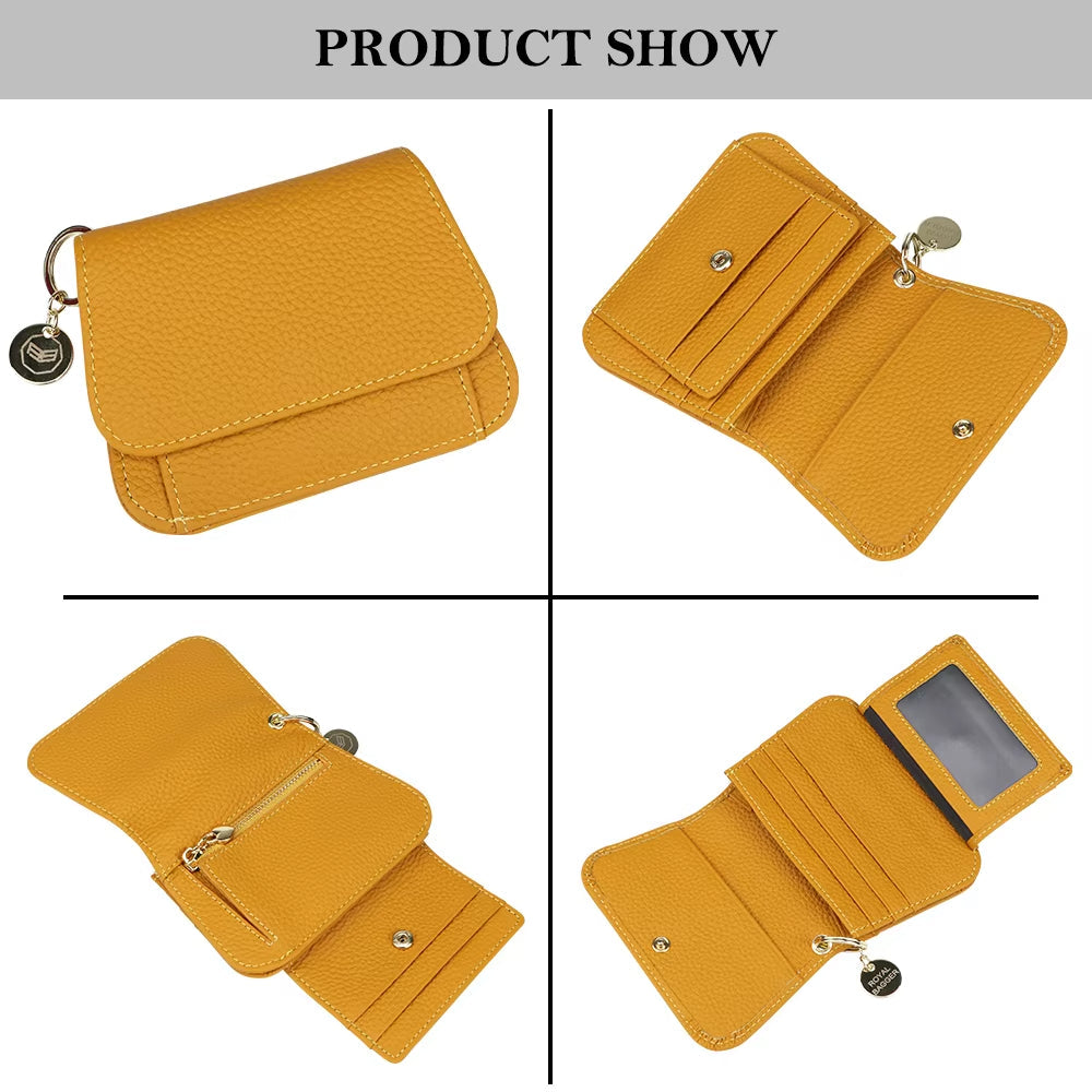 Portafoglio donna in pelle gialla, compatto e multifunzionale, con scomparti per carte, monete e finestra ID. Design elegante e pratico.