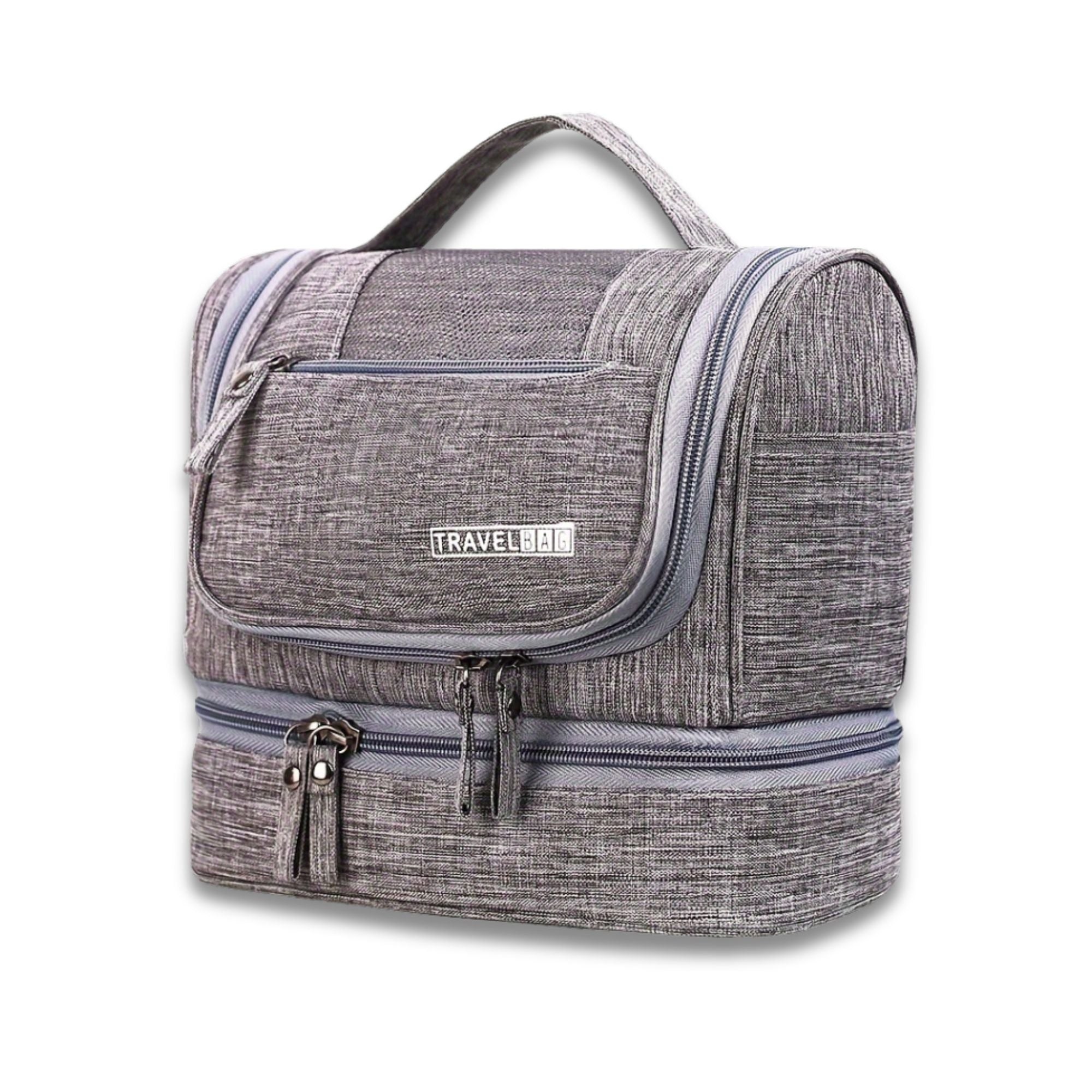 Borsa da toilette grigia con manico, doppia cerniera e scomparti multipli. Ideale per viaggi, organizzazione accessori bagno, resistente e compatta.