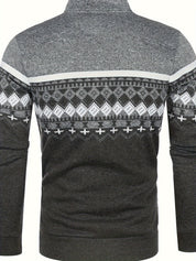 Maglione uomo grigio scuro con motivo geometrico bianco e grigio, maniche lunghe, collo alto, ideale per l'inverno.