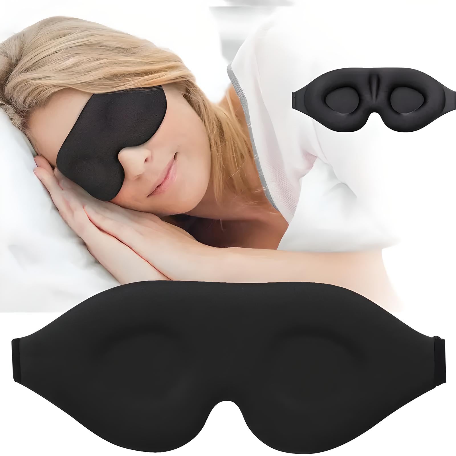 Donna che dorme con maschera per dormire nera in memory foam, design ergonomico, blocco totale della luce, comfort notturno, accessorio per il sonno.