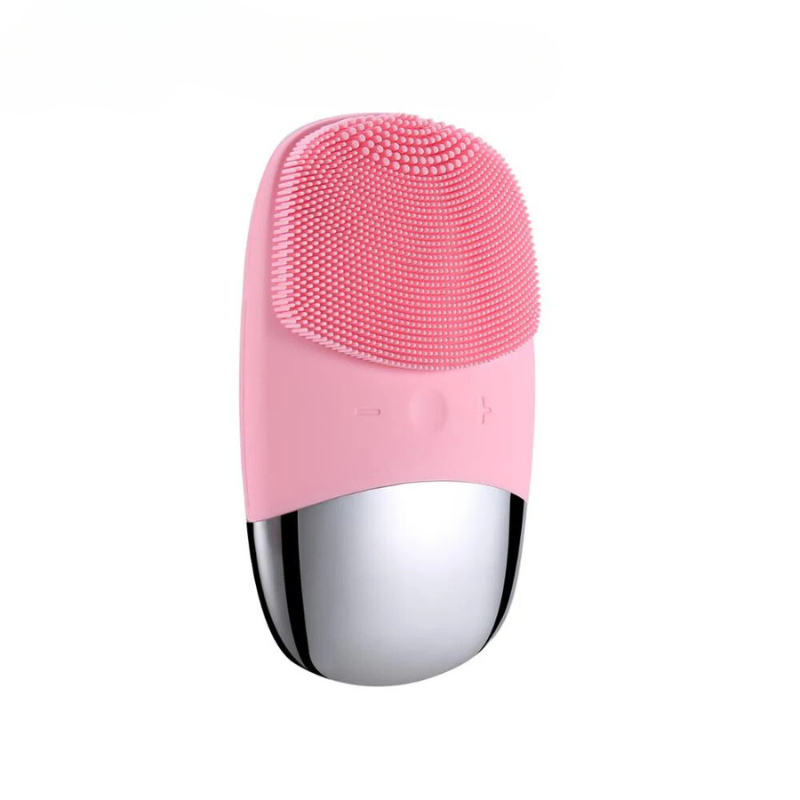 Dispositivo di pulizia viso in silicone rosa, spazzola elettrica per esfoliazione e massaggio, impermeabile, ricaricabile, cura della pelle.