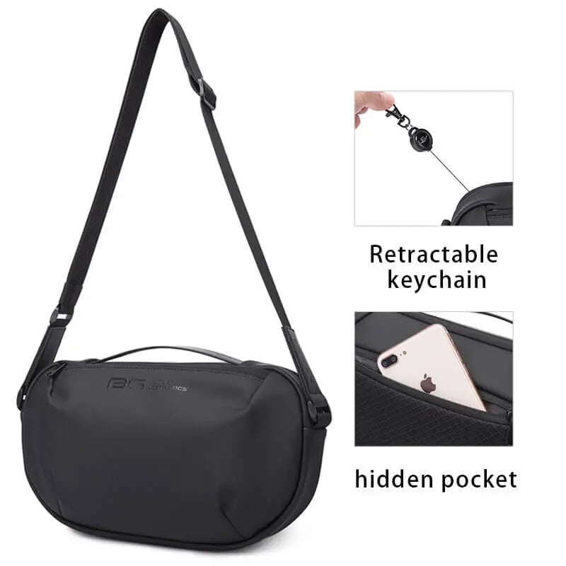 Borsa a tracolla nera con portachiavi retrattile e tasca nascosta, design moderno e funzionale, ideale per viaggi e uso quotidiano.