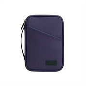 Custodia organizer viola in tessuto resistente con cerniera e manico, ideale per documenti e accessori da viaggio. Design compatto e funzionale.