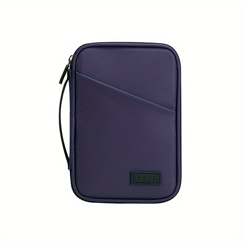 Custodia organizer viola in tessuto resistente con cerniera e manico, ideale per documenti e accessori da viaggio. Design compatto e funzionale.