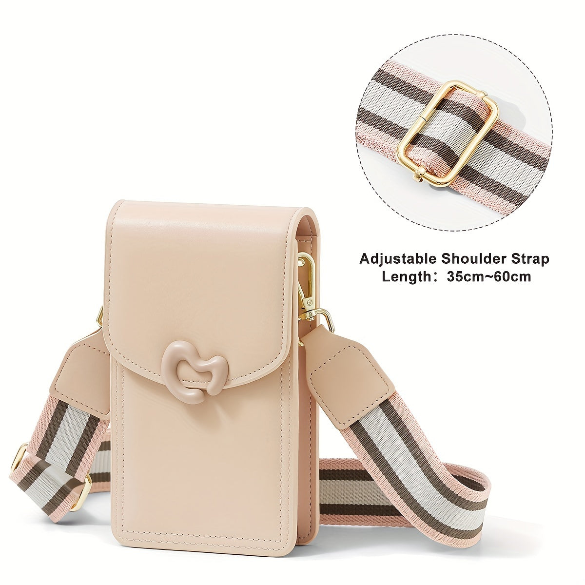 Borsa a tracolla beige in pelle PU con cinturino regolabile 35-60 cm, fibbia dorata, design elegante, ideale per moda donna e accessori.
