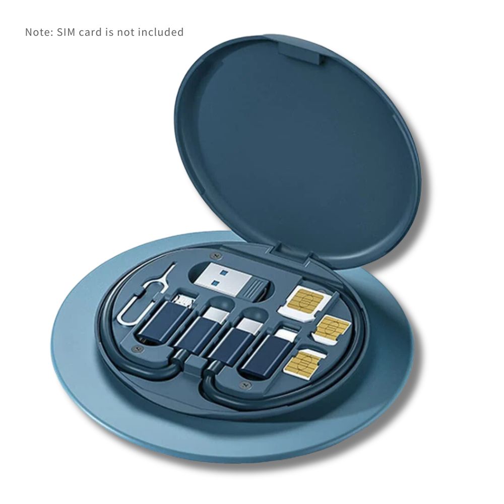 Custodia organizer blu per schede SIM e adattatori USB, compatta e portatile. Include cavi di ricarica e slot per schede SIM.
