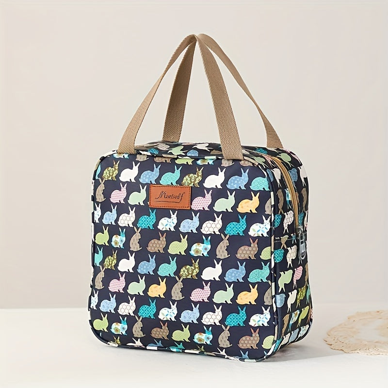 Borsa termica con stampa conigli colorati, manici beige, ideale per picnic e pranzo al sacco. Design compatto e funzionale.
