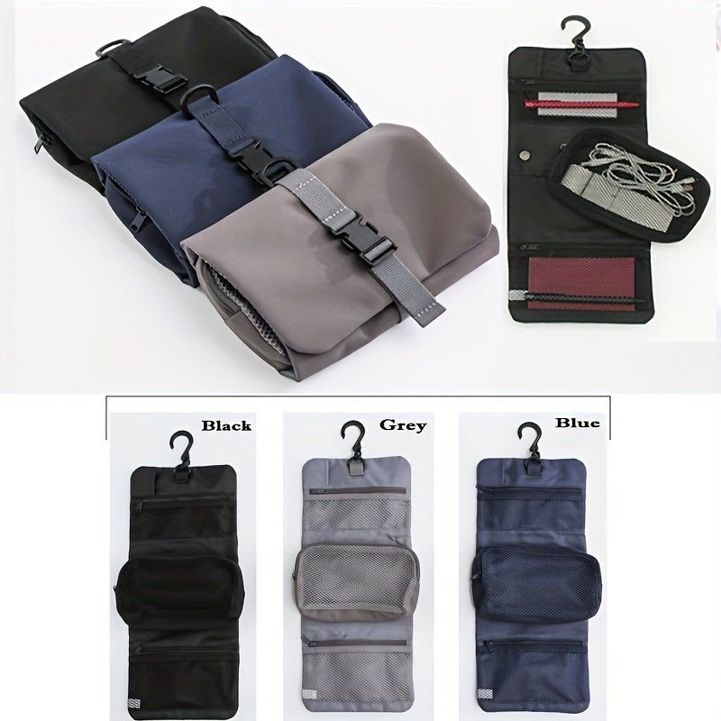 Organizzatore da viaggio pieghevole in tre colori: nero, grigio, blu. Dotato di gancio, tasche a rete, ideale per accessori e articoli da toeletta.