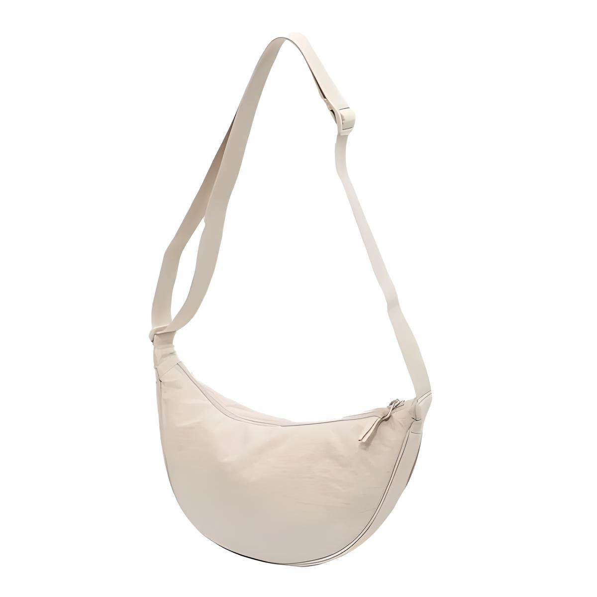 Borsa a tracolla bianca in pelle, design a mezzaluna, chiusura con zip, elegante e moderna, ideale per moda femminile e accessori di tendenza.