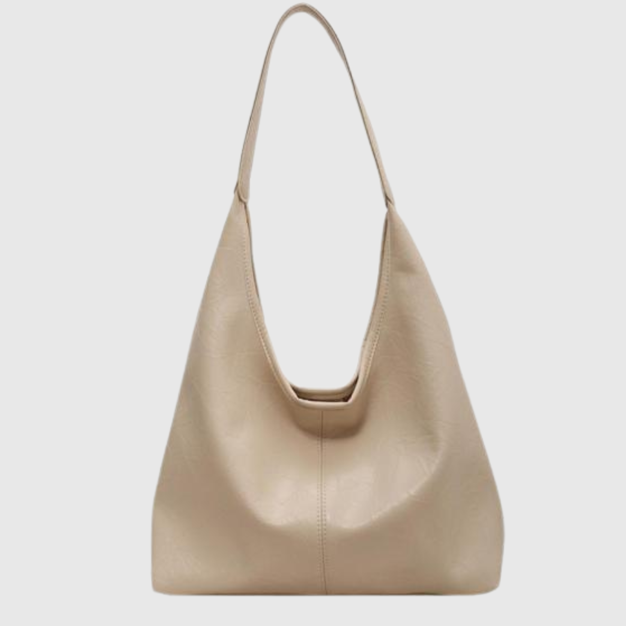 Borsa a spalla beige in pelle sintetica, design minimalista, manico singolo, ideale per moda donna, accessorio elegante e versatile.