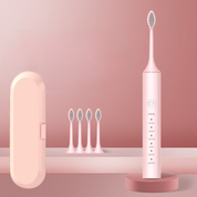 Spazzolino elettrico rosa con custodia, quattro testine di ricambio, base di ricarica. Design elegante, ideale per igiene orale avanzata.