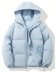Giacca invernale imbottita azzurra con cappuccio, chiusura a zip, tasche laterali. Perfetta per il freddo, moda uomo e donna.