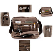 Borsa a tracolla in tela marrone con tasche multiple, zip, scomparti per smartphone, penne e chiavi. Design pratico e spazioso per uso quotidiano.