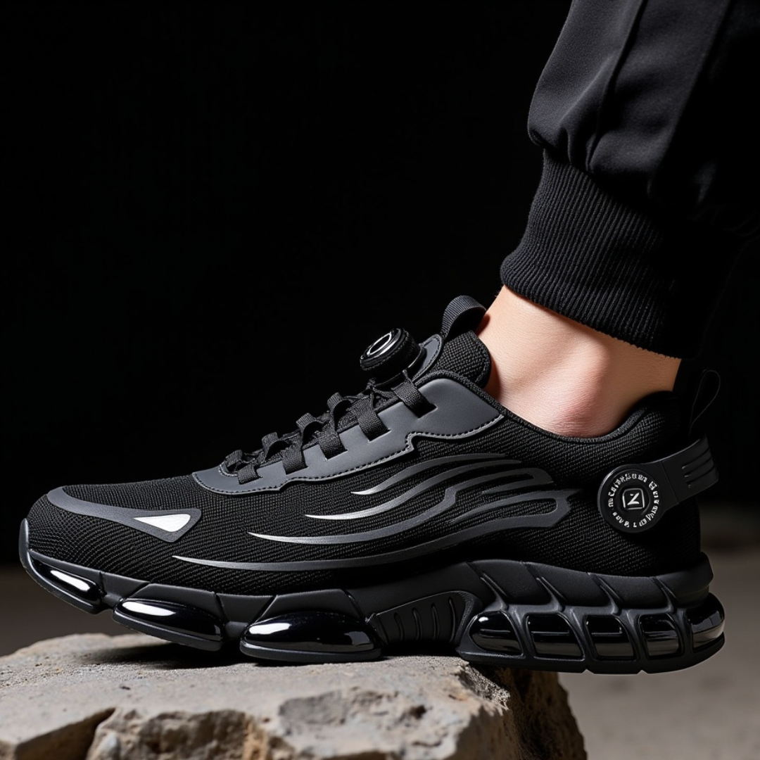 Scarpa sportiva nera da uomo con suola ammortizzata, design moderno e dettagli riflettenti, ideale per corsa e allenamento. Scarpe da ginnastica eleganti.