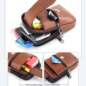 Custodia in pelle marrone multiuso con scomparti, cerniere e tasche per smartphone, carte di credito e piccoli oggetti. Accessorio pratico ed elegante.