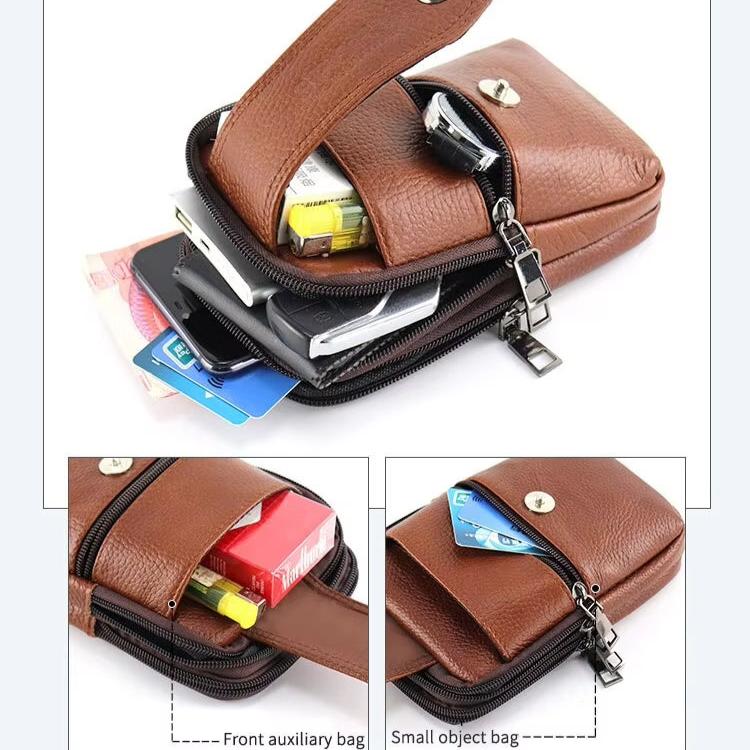 Custodia in pelle marrone multiuso con scomparti, cerniere e tasche per smartphone, carte di credito e piccoli oggetti. Accessorio pratico ed elegante.