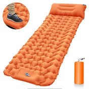 Materassino gonfiabile arancione con cuscino integrato, design a celle d'aria, include pompa. Ideale per campeggio e outdoor.