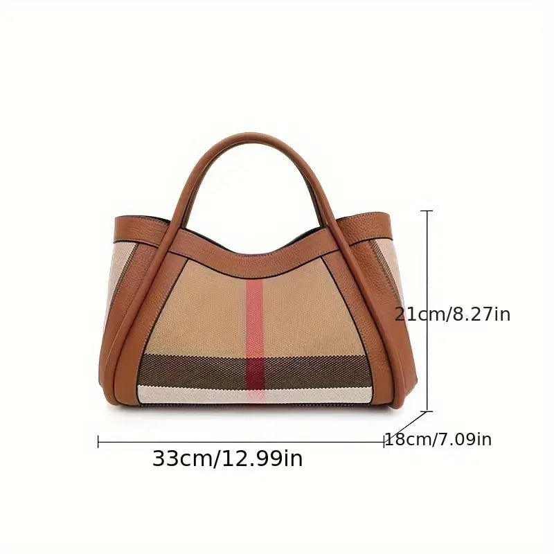 Borsa a mano elegante in pelle marrone e tessuto a righe, dimensioni 33x18x21 cm. Design moderno, ideale per moda donna e accessori di lusso.