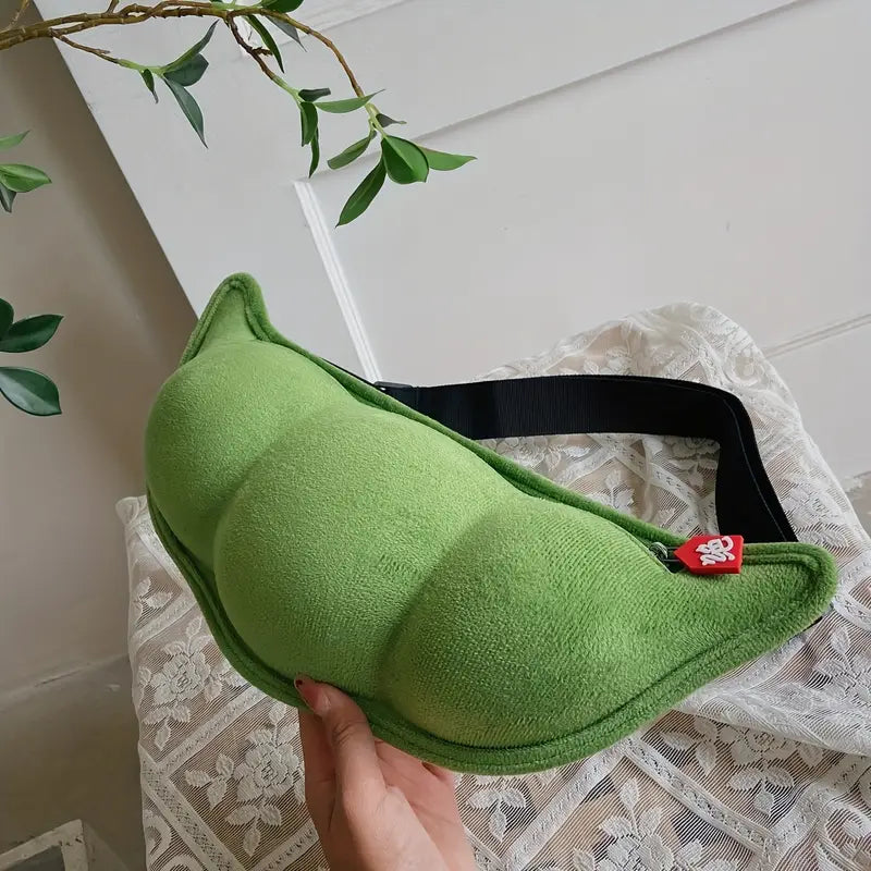 Cuscino a forma di baccello di piselli verde, design originale, tessuto morbido, ideale per decorazione casa o regalo creativo.