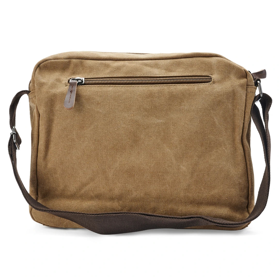 Borsa a tracolla in tela marrone con cerniera frontale, design casual e resistente, ideale per uomo e donna. Accessorio moda versatile e pratico.