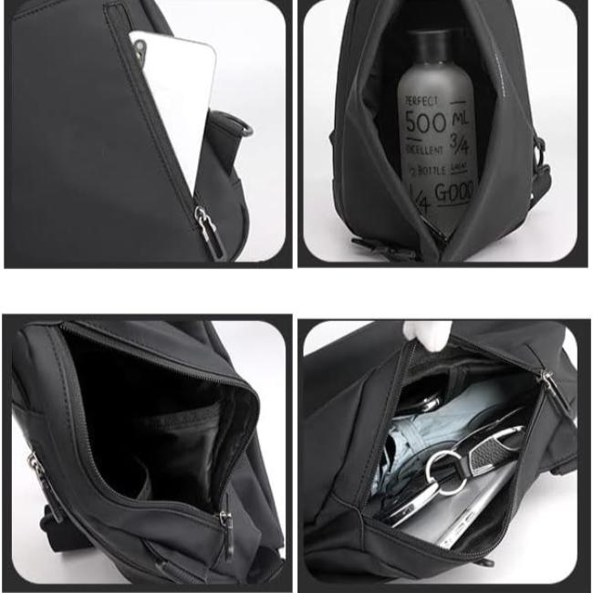 Zaino nero multifunzione con tasche multiple, spazio per borraccia, smartphone e accessori. Design moderno, ideale per viaggi e lavoro.