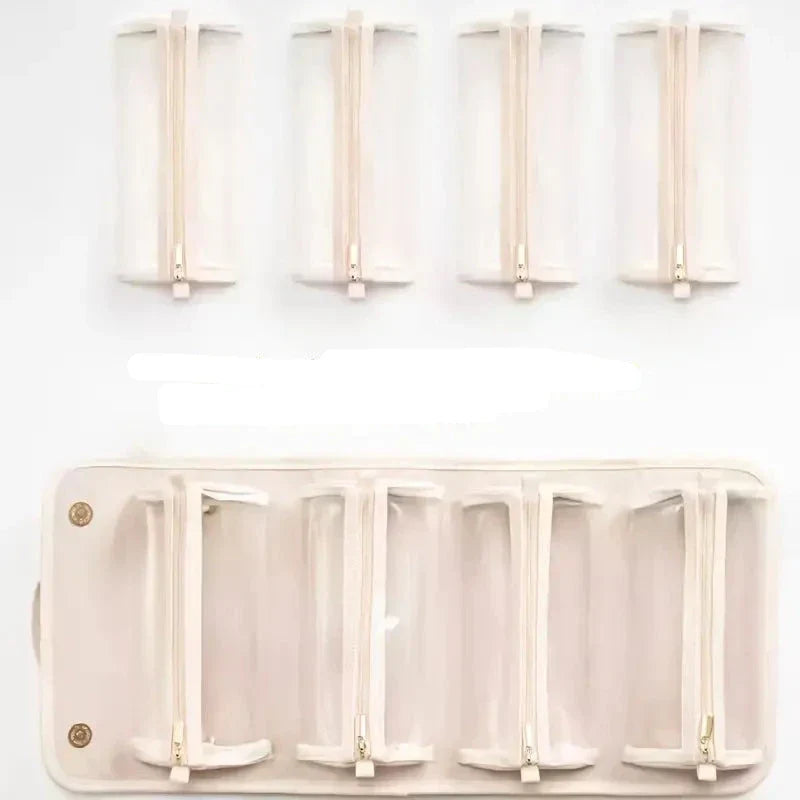 Set di organizer per cavi, beige, con chiusura a zip, ideale per viaggi e casa. Include cinque piccole custodie e una grande, perfette per accessori elettronici.